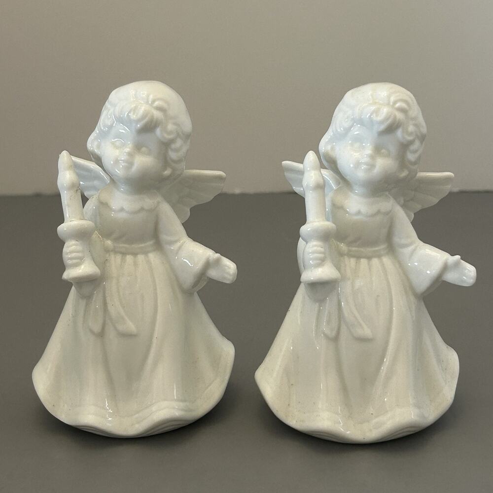 Vintage Rynne China Pair of White Angel Figurines Holding Candlestick Decor